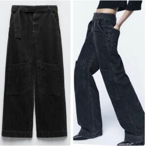 Zara Cargo Utility Belted Denim Jeans High Rise Wide Gray Sz2 belt not included